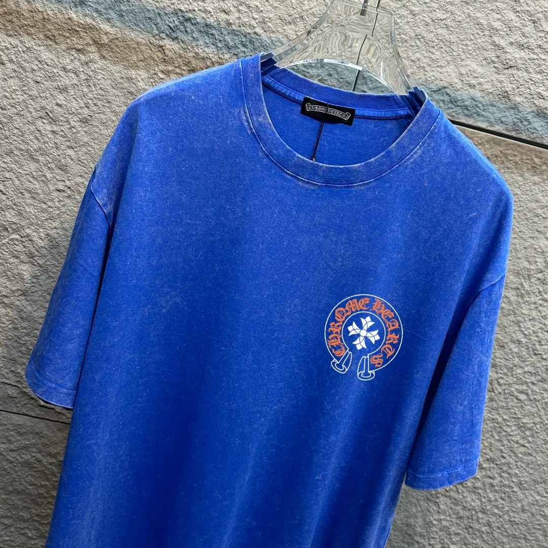 🅿️180 CH* Crow Heart* 2025 spring and summer new style Snowflake distressed washed retro round neck short sleeves Chest and front logo Horseshoe print on front and back Customized fabric Short-sleeved T-shirt Unisex Size: S M L XL XXL Color: Snowflake Black Snowflake Gray Snowflake Pink Snowflake Blue